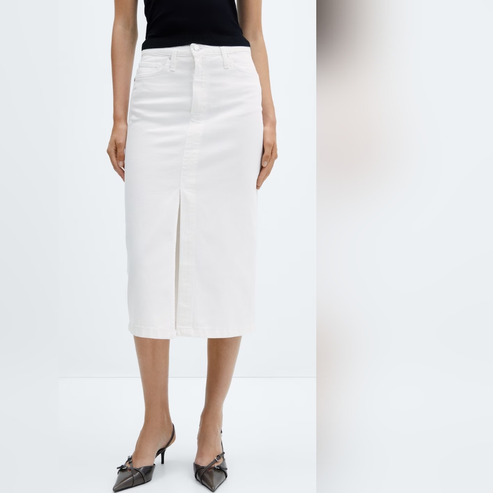Mango White Denim Midi Front Slit Skirt NWT